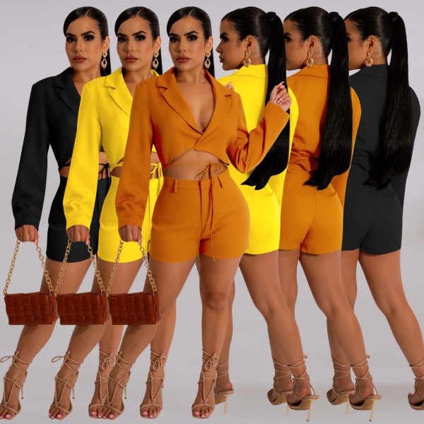 Women's Casual Suit V-Neck Cropped Blazer and Shorts Two Piece Set