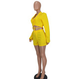 Women's Casual Suit V-Neck Cropped Blazer and Shorts Two Piece Set