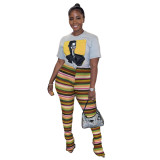Women's Colorful Striped knitting Hollow Jacquard Fashion Pants Bell Bottom Pants