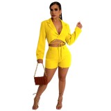Women's Casual Suit V-Neck Cropped Blazer and Shorts Two Piece Set