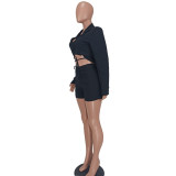 Women's Casual Suit V-Neck Cropped Blazer and Shorts Two Piece Set
