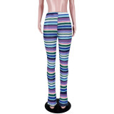 Women's Colorful Striped knitting Hollow Jacquard Fashion Pants Bell Bottom Pants