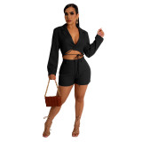 Women's Casual Suit V-Neck Cropped Blazer and Shorts Two Piece Set