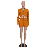 Women's Casual Suit V-Neck Cropped Blazer and Shorts Two Piece Set