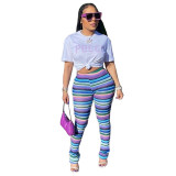 Women's Colorful Striped knitting Hollow Jacquard Fashion Pants Bell Bottom Pants
