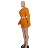 Women's Casual Suit V-Neck Cropped Blazer and Shorts Two Piece Set