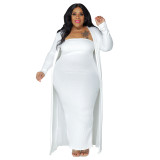 Fall Sexy Solid Color Plus Size Women'S Strapless Long Dress And Coat Two Piece Set