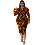 Plus Size Women Fall Long Sleeve Print Midi Dress