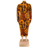Plus Size Women Fall Long Sleeve Print Midi Dress