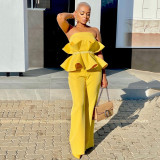 Women Solid Strapless Elegant Ruffle Top+ Wide Leg Pants Style Two Piece