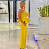 Women Solid Strapless Elegant Ruffle Top+ Wide Leg Pants Style Two Piece