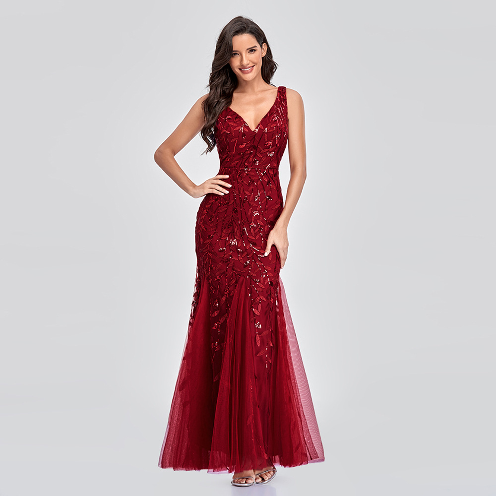 Women Sexy Sleeveless V-Neck Embroidered Sequin Fishtail Bridesmaid Evening Dress