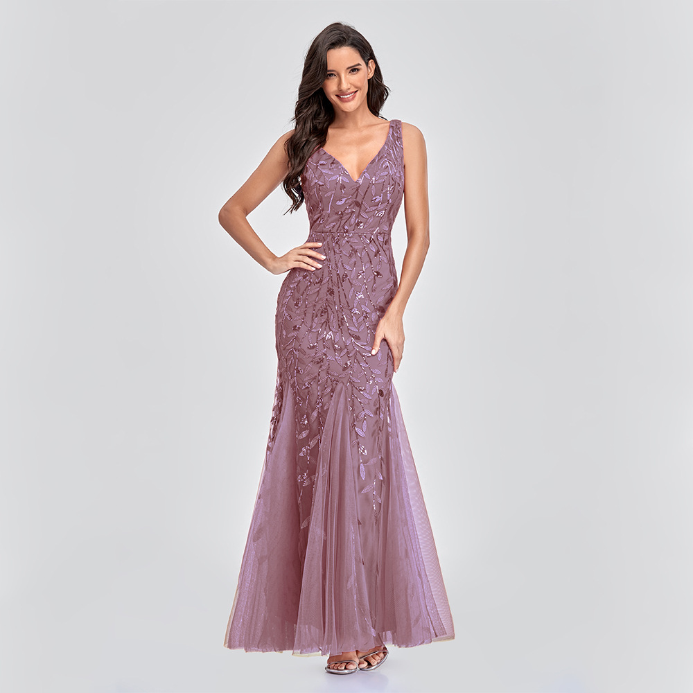 Women Sexy Sleeveless V-Neck Embroidered Sequin Fishtail Bridesmaid Evening Dress