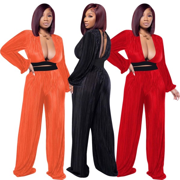 Women Sexy V-Neck Pleated Long-Sleeve Top+Pant Two-Piece Set