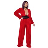 Women Sexy V-Neck Pleated Long-Sleeve Top+Pant Two-Piece Set