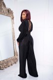 Women Sexy V-Neck Pleated Long-Sleeve Top+Pant Two-Piece Set