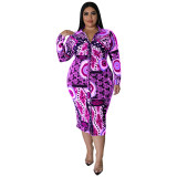 Plus Size Women Fall Long Sleeve Print Midi Dress