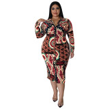 Plus Size Women Fall Long Sleeve Print Midi Dress