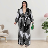 Plus Size Women Long Sleeve V-Neck Bell Bottom Jumpsuit