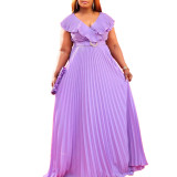 Women Summer Sexy Ruffled Pleated Maxi Dress with Belt