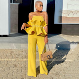 Women Solid Strapless Elegant Ruffle Top+ Wide Leg Pants Style Two Piece