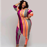 Plus Size Women Casual Print Stripe Two Piece