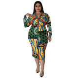 Plus Size Women Fall Long Sleeve Print Midi Dress