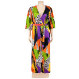 Plus Size Women Long Sleeve V-Neck Bell Bottom Jumpsuit