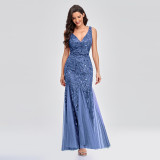 Women Sexy Sleeveless V-Neck Embroidered Sequin Fishtail Bridesmaid Evening Dress