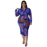 Plus Size Women Fall Long Sleeve Print Midi Dress