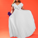 Women Summer Sexy Ruffled Pleated Maxi Dress with Belt