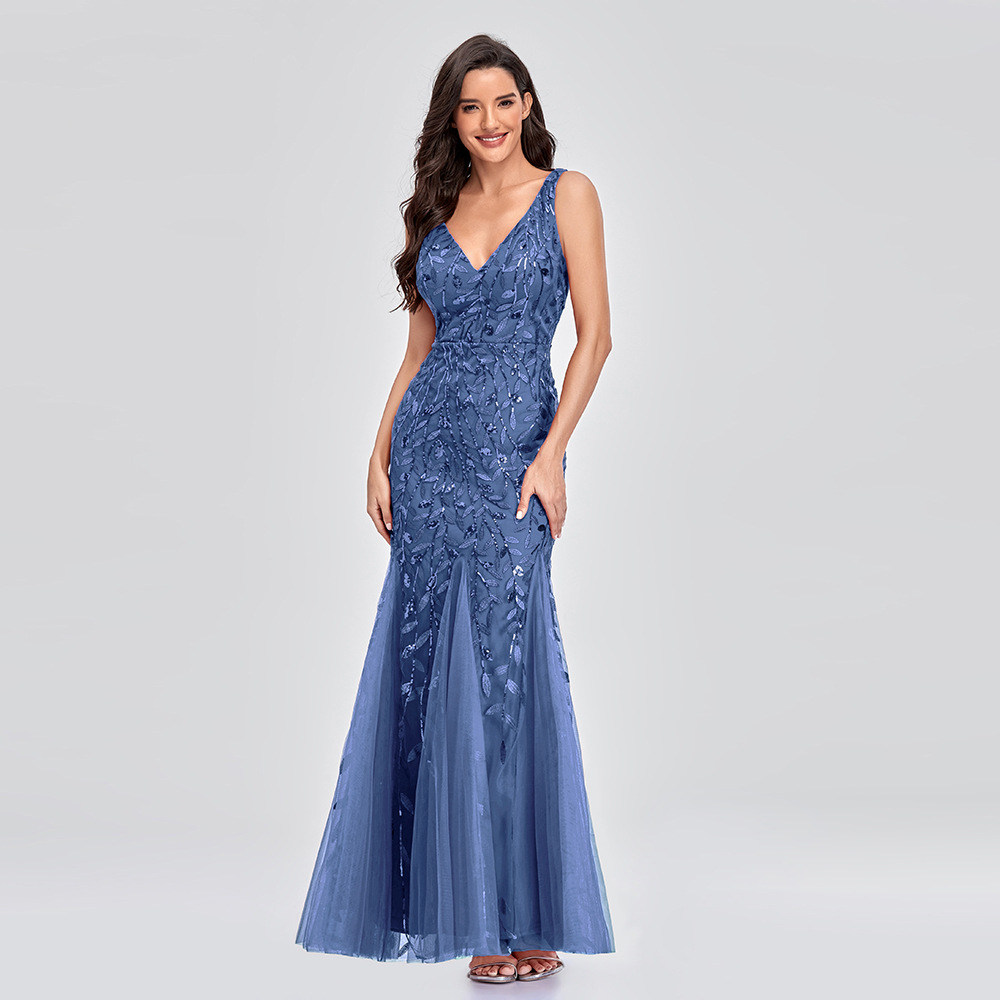 Women Sexy Sleeveless V-Neck Embroidered Sequin Fishtail Bridesmaid Evening Dress