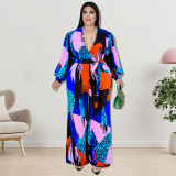 Plus Size Women Long Sleeve V-Neck Bell Bottom Jumpsuit
