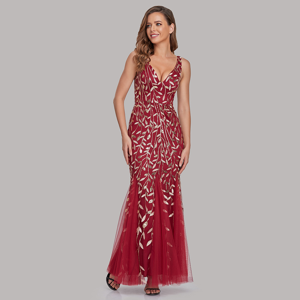Women Sexy Sleeveless V-Neck Embroidered Sequin Fishtail Bridesmaid Evening Dress