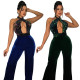 Halter Neck Lace Up Sequin Patchwork Velvet Low Back Jumpsuit Women