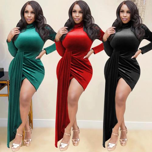 Autumn Women'S Fashion Sexy Solid Color Velvet Long Sleeve Irregular Nightclub Dress
