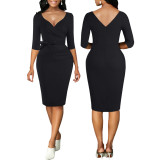 Women Sexy Solid Lace-Up V-Neck Mid Sleeve Dress