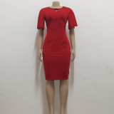 Women Sexy Solid Round Neck Short Sleeve Dress