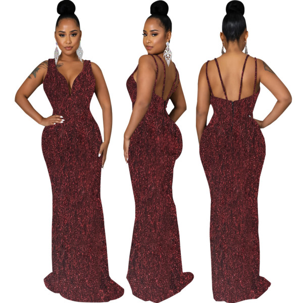 Women Sexy Deep V Neck Sleeveless Evening Dress