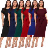 Women Round Neck Belted Short Sleeve Midi Dress