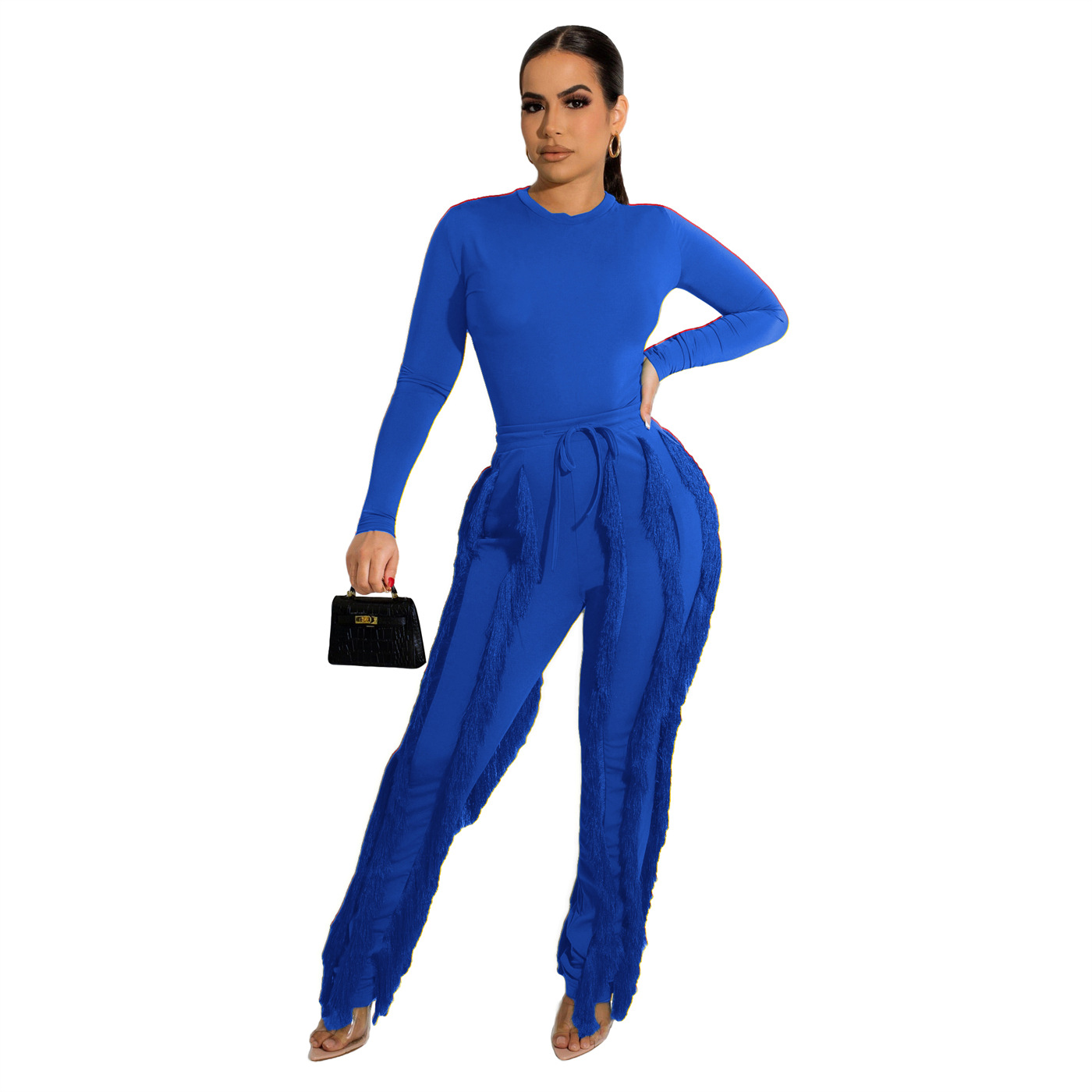 Women autumn and winter long-sleeved Bodysuit + fringed Pant two-piece set