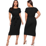 Women Round Neck Belted Short Sleeve Midi Dress