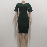 Women Sexy Solid Round Neck Short Sleeve Dress