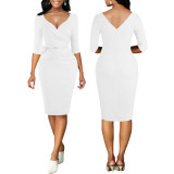 Women Sexy Solid Lace-Up V-Neck Mid Sleeve Dress