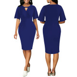 Women Sexy Solid Round Neck Short Sleeve Dress