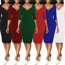Women Sexy Solid Lace-Up V-Neck Mid Sleeve Dress Women Sexy Solid Lace-Up V-Neck Mid Sleeve Dress