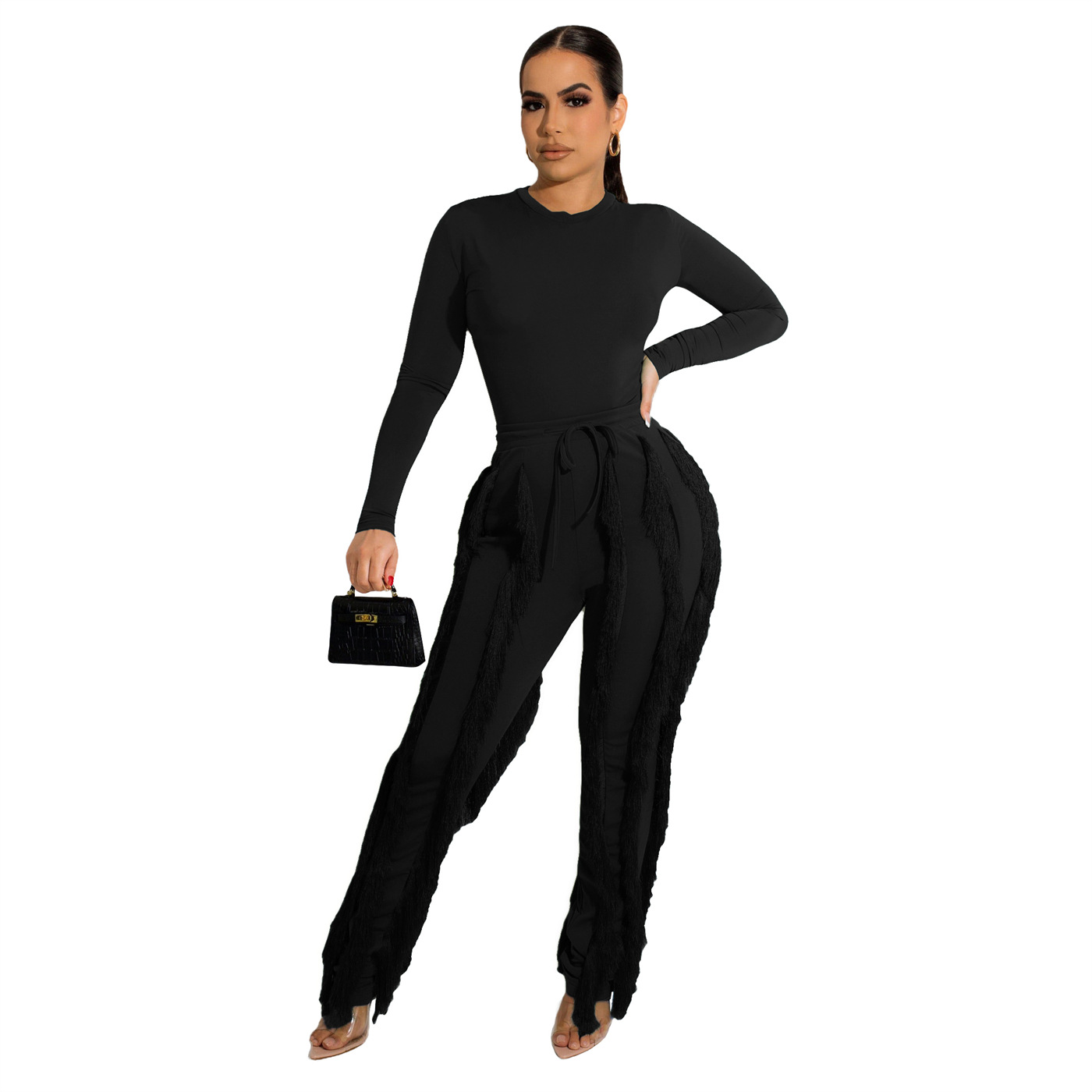 Women autumn and winter long-sleeved Bodysuit + fringed Pant two-piece set