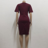 Women Sexy Solid Round Neck Short Sleeve Dress
