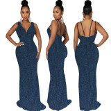 Women Sexy Deep V Neck Sleeveless Evening Dress