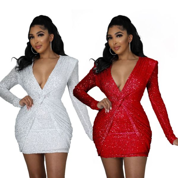 Women'S Spring Fashion Sequin V-Neck Ruched Slim Fit Bodycon Dress